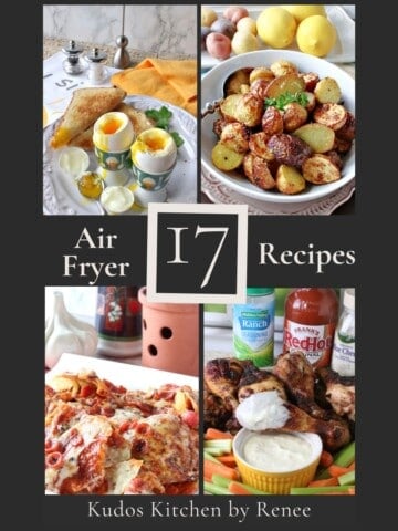 A four image collage of air fryer recipes for a roundup post.