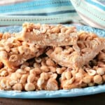 Copycat Payday Candy Bars on a blue plate.
