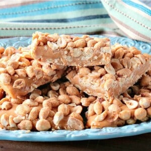 Copycat Payday Candy Bars on a blue plate.