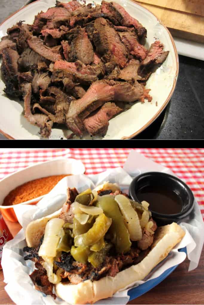 A vertical photo collage of dry rub skirt steak sandwiches one photo a plate of beef and the other is a completely sandwich
