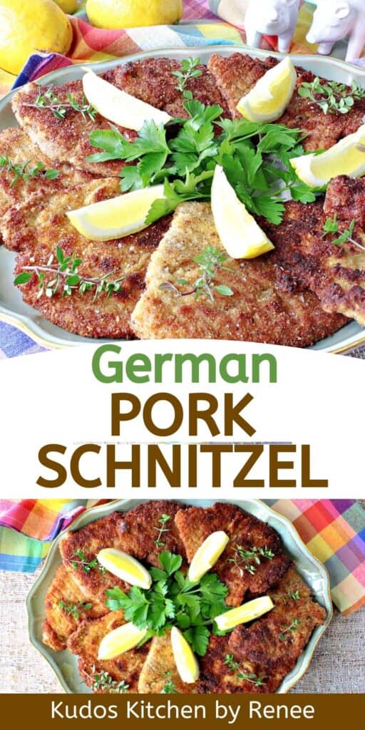 A vertical two image collage of German Pork Schnitzel with a title text overlay graphic.