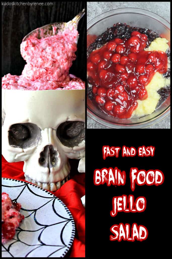 A photo collage along with a title text overlay graphic for brain food jello salad.