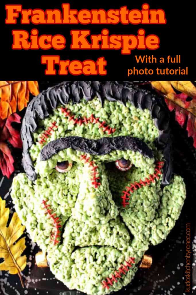 Overhead closeup photo of a realistic looking Frankenstein Rice Krispie Treat with stitches and gumball eyes along with a title text overlay graphic.