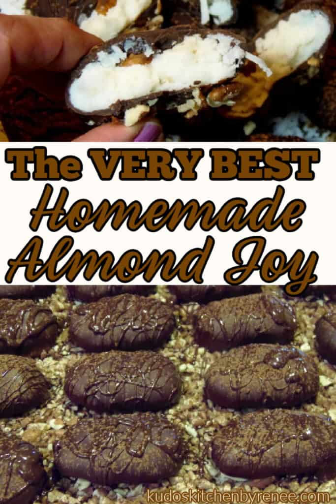 A photo collage of homemade almond Joy candy with a title text overlay graphic in brown and black