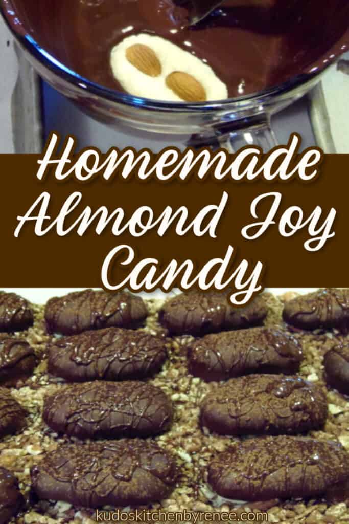 A photo collage of homemade almond joy candy with extra nuts and a title text overlay graphic in brown and white