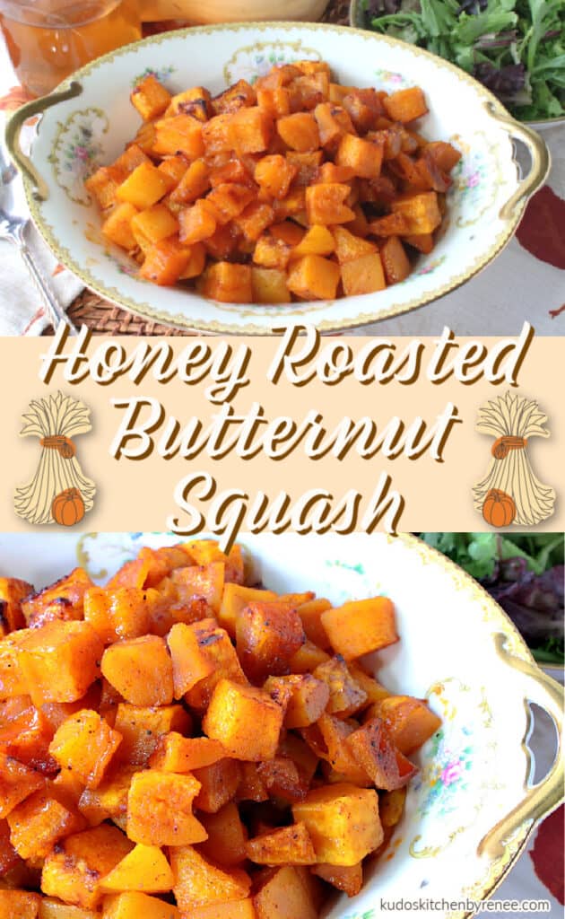 A photo collage of honey roasted butternut squash with a title text overlay graphic with a Thanksgiving theme