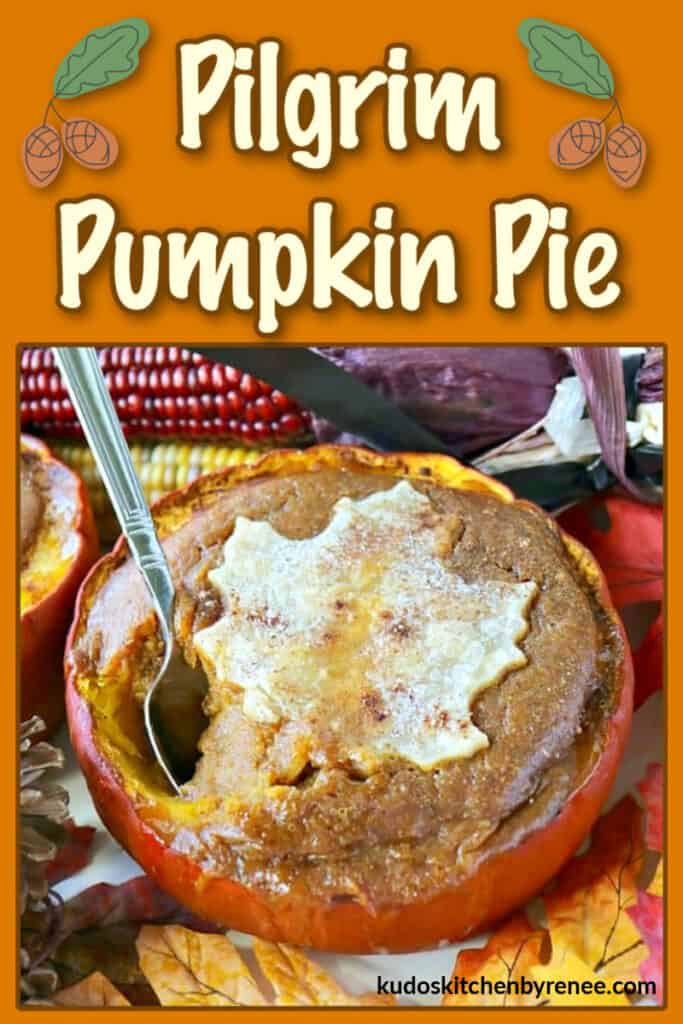 A closeup photo of a pilgrim pumpkin pie with a spoon and a pie crust leaf along with a title text overlay graphic