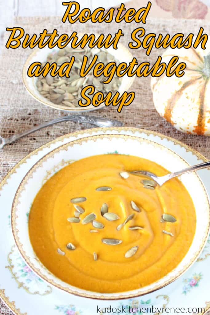 A bowl of Roasted Butternut Squash Soup with a title text overlay graphic.