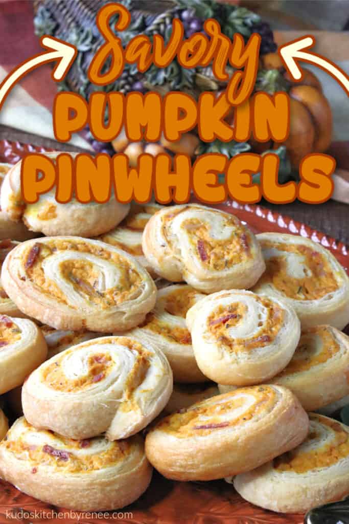 A closeup vertical image of savory pumpkin pinwheels with bacon and sage along with a title text overlay graphic.