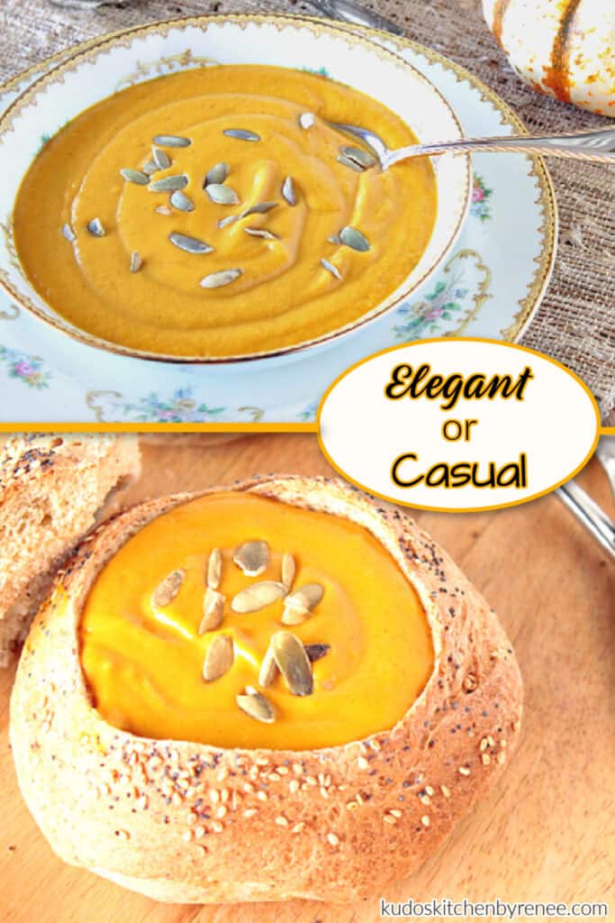 A photo collage of elegant or casual Roasted Butternut Squash and Vegetable Soup in a pretty china bowl, and a rustic bread bowl.