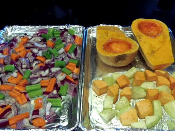 Vegetable and butternut squash on baking sheets.