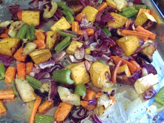 Roasted vegetable on baking sheets.