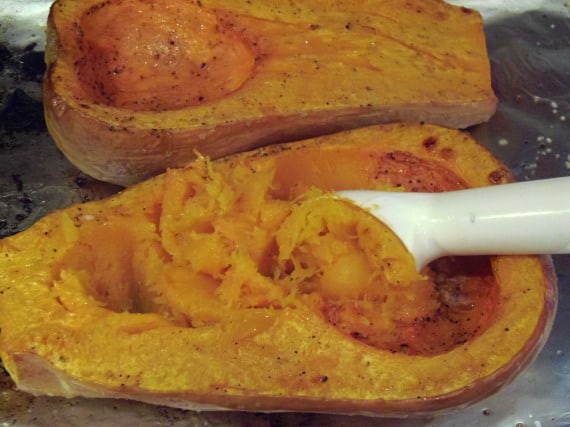 Roasted butternut squash being scooped from its shell.