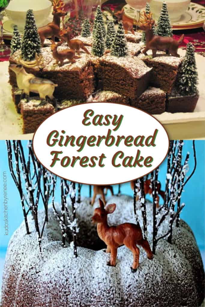 A photo collage of two types of Gingerbread Forest Cake along with a title text overlay graphic.