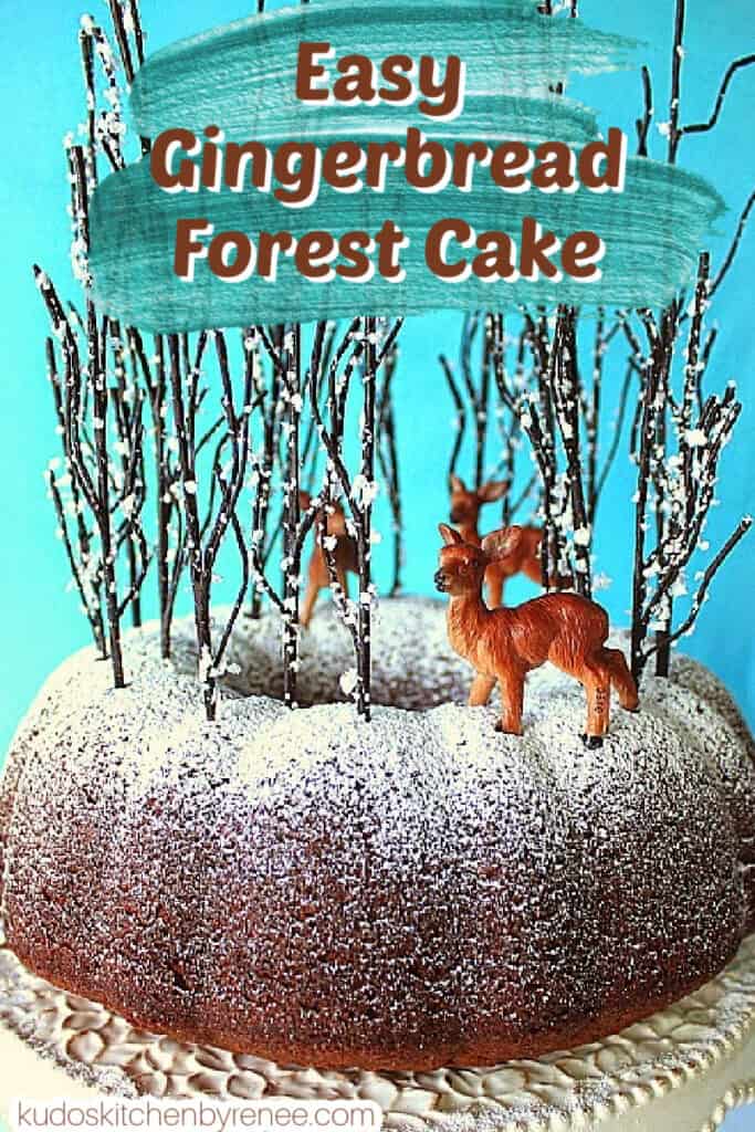 A closeup vertical photo of a Gingerbread Forest Cake on a blue and white background with a blue paint swatch and a title text overlay graphic.