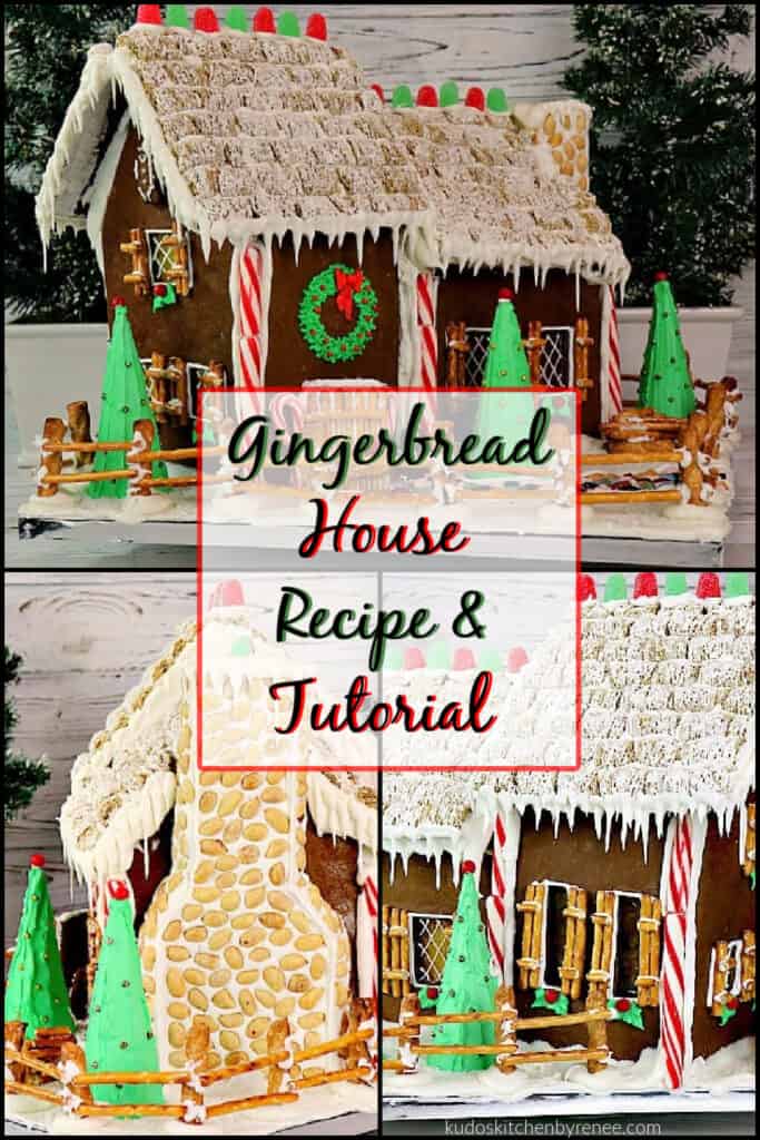 A square photo collage of a Gingerbread House Recipe and Tutorial with gum drops, royal icing and peppermint candy along with a title text overlay graphic.