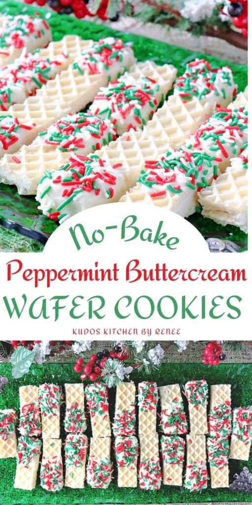 A vertical two image collage along with a title text overlay graphic for No-Bake Peppermint Buttercream Wafer Cookies