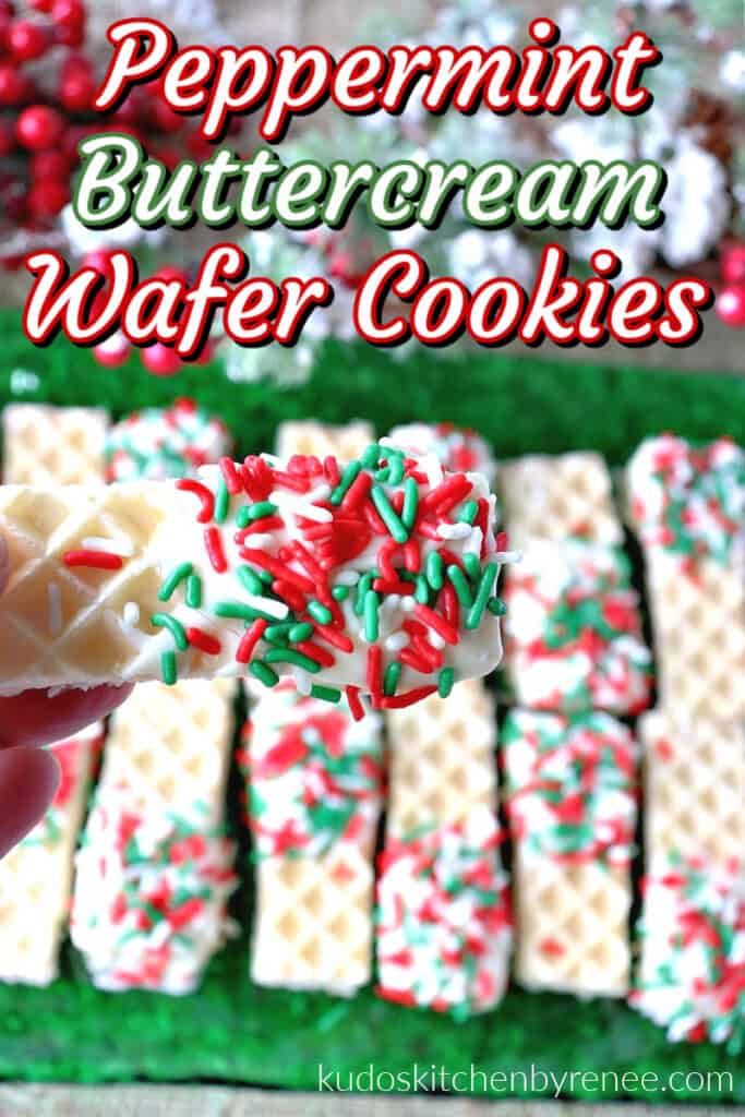 Vertical closeup image of a Peppermint Buttercream Wafer Cookie with white chocolate and sprinkles and a title text overlay graphic.