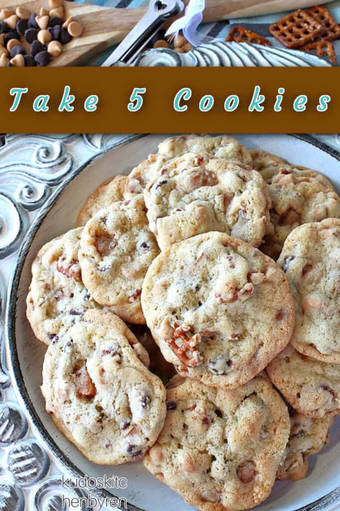 Closeup vertical image of Take 5 Cookies on a plate with a title text overlay graphic in blue, white, and brown.