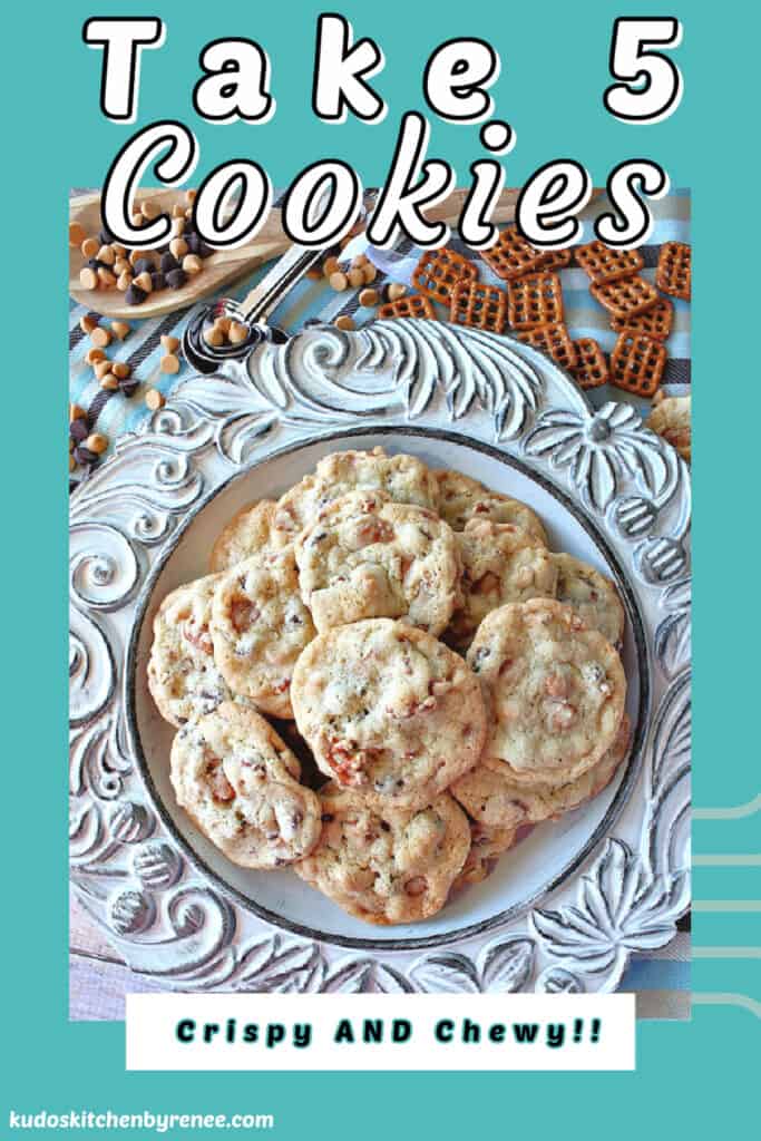 A highlighted vertical image of Take 5 Cookies on a blue scalloped plate with title text overlay graphic.