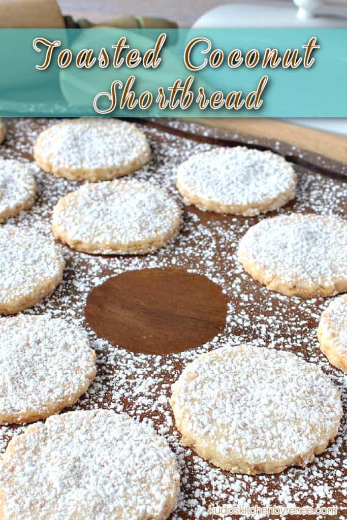 Closeup vertical title text image of round Shortbread Cookies on a wooden platter with one cookie missing.