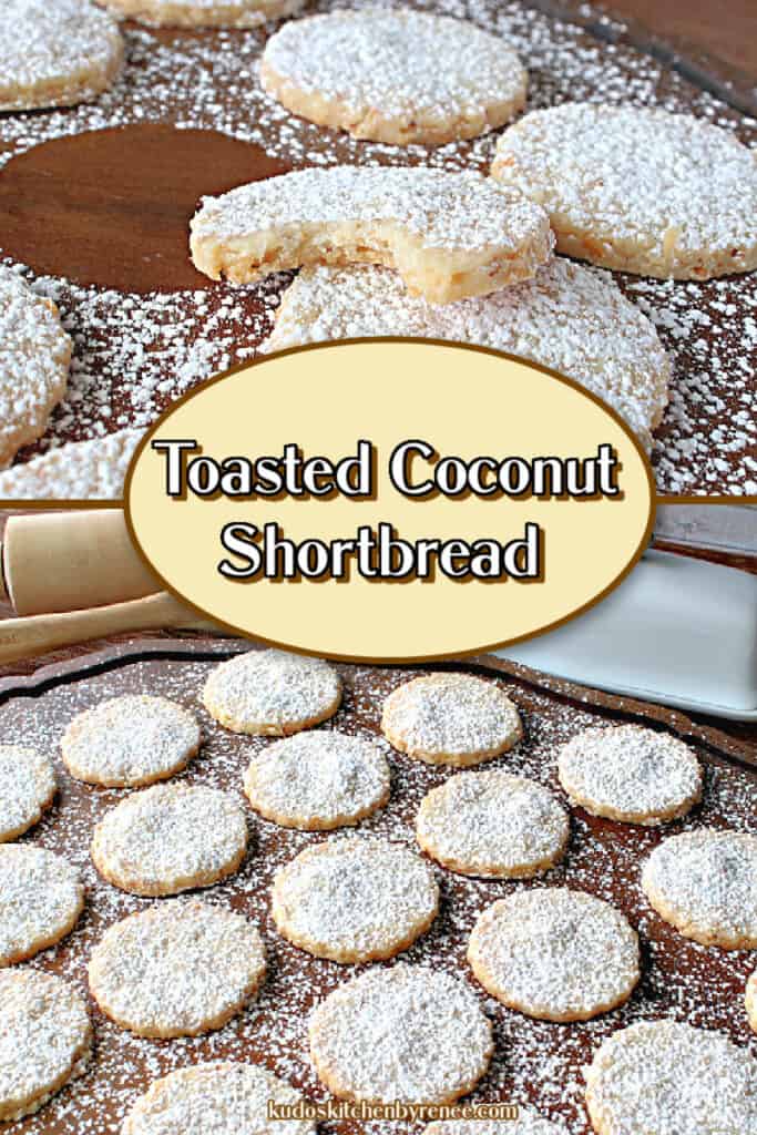 A vertical photo collage of Toasted Coconut Shortbread Cookies with an oval title text overlay graphic in the center.