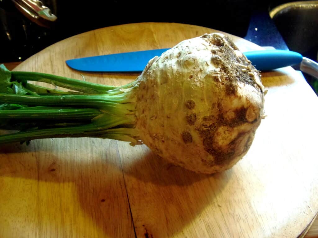 A celery root on a cutting board.