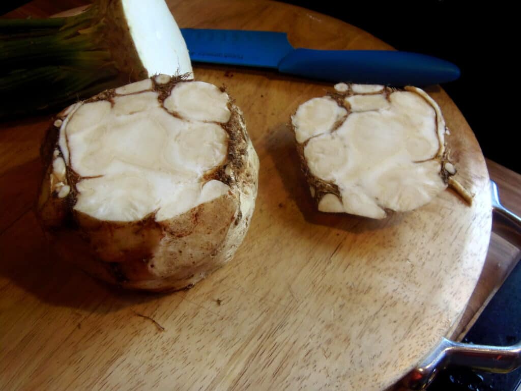 A cut open celery root.