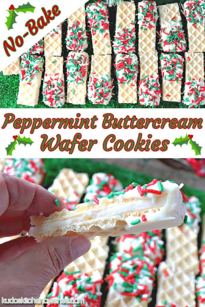 A photo collage with a title text overlay graphic in the center of No-Bake Peppermint Buttercream Wafer Cookies