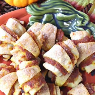 A closeup up overhead vertical photo of Pumpkin Pie Bites with cinnamon sugar topping on an orange pumpkin plate