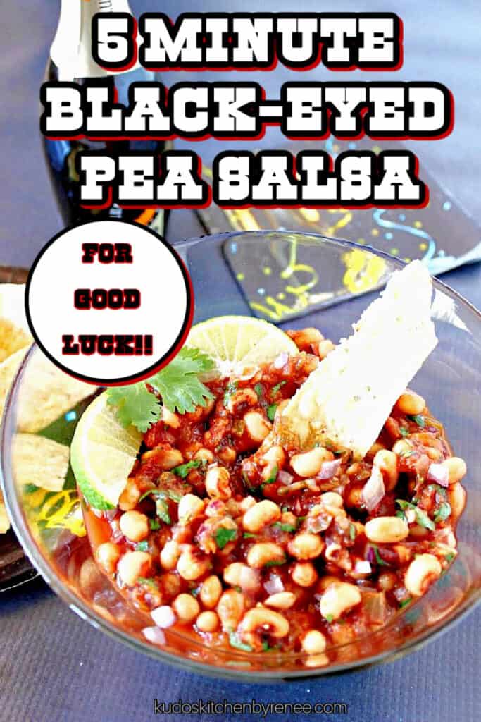 A vertical closeup image of a glass bowl filled with Black-Eyed Pea Salsa with a title text overlay graphic in black white and red