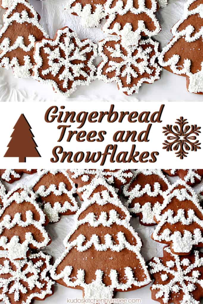 A vertical collage image of Gingerbread Trees and Snowflake Cookies with white icing and nonpareils.