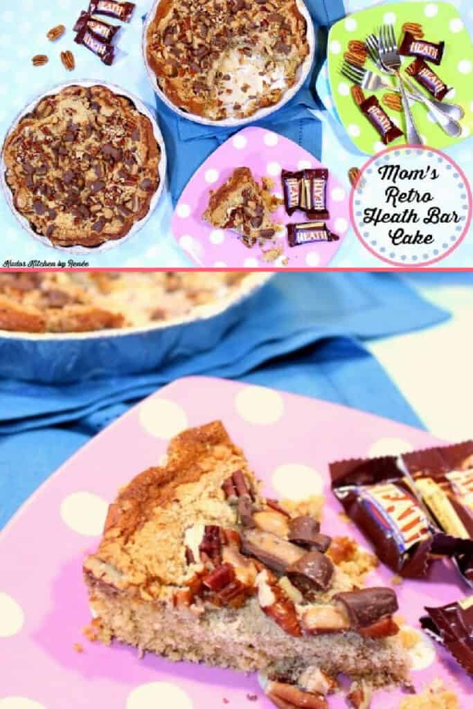 A vertical collage of Retro Heath Bar Cake on colorful polka dot plates with Heath bar candy as garnish.