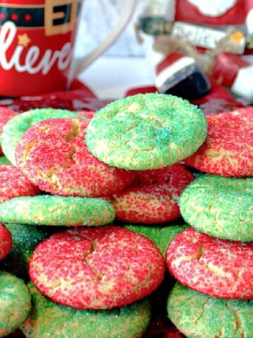 A stack of red and green cookies for Christmas.