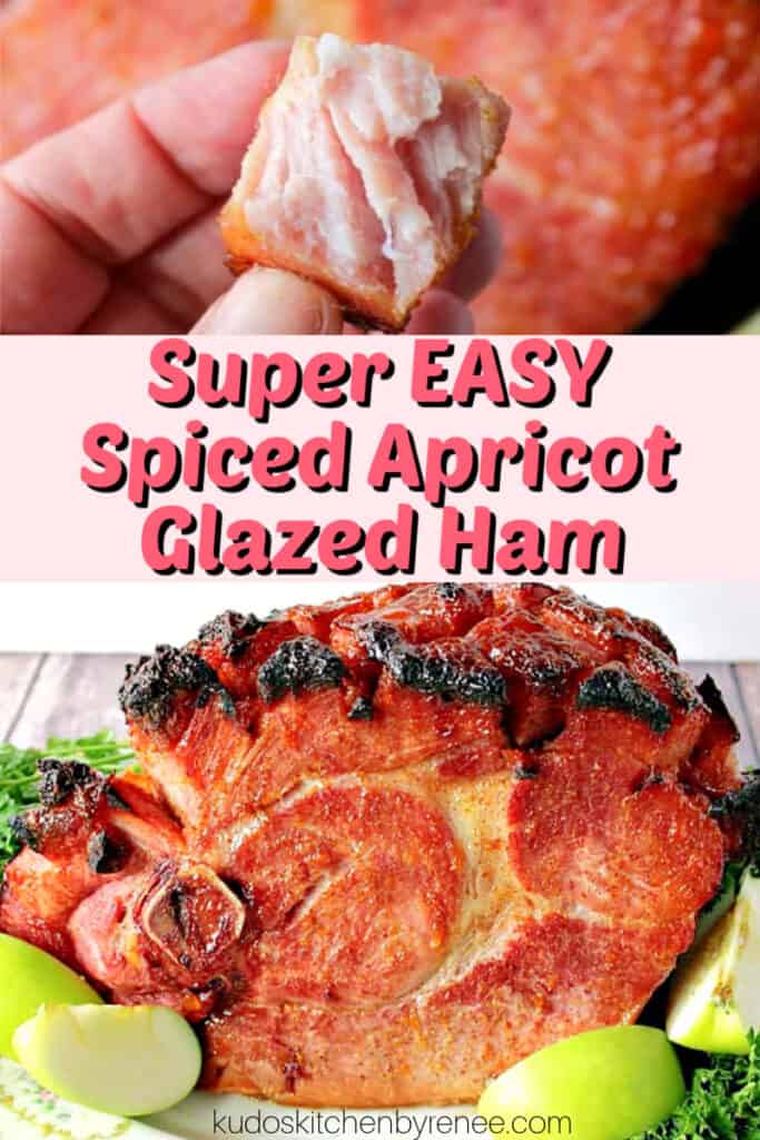 A photo collage image of a glazed sliced ham with apples and parsley and a title text graphic overlay in pink and black.