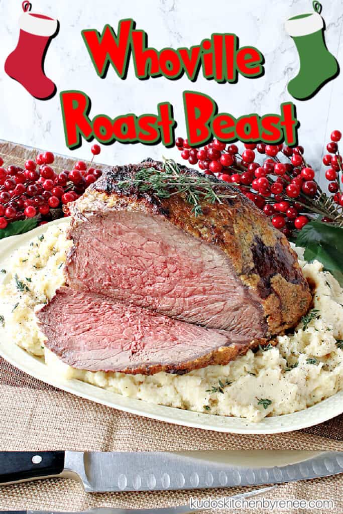 A vertical closeup image of a medium rare Whoville Roast Beast with a carving knife and a cute title text overlay graphic with Christmas stockings.