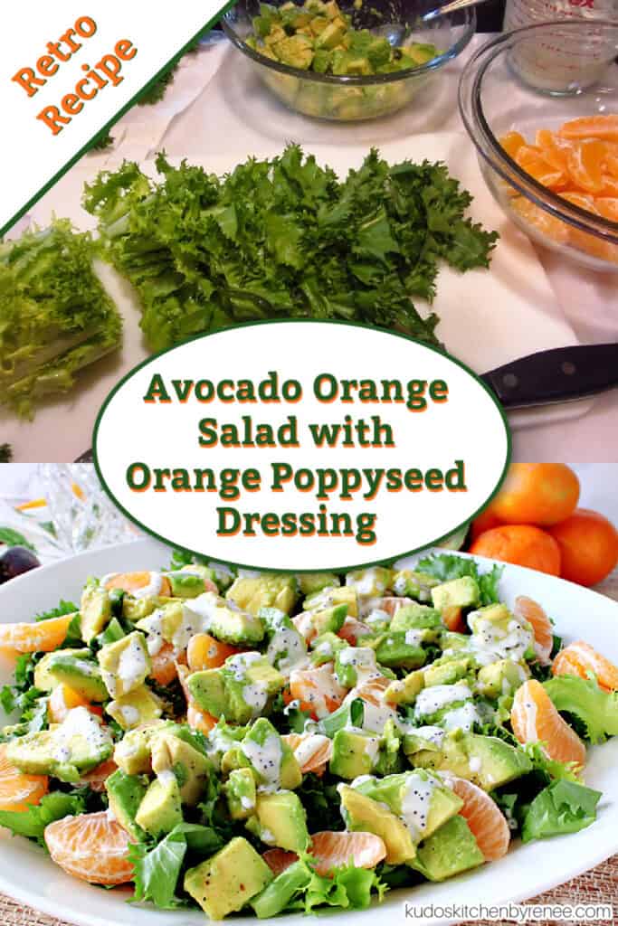 A vertical photo collage of the making of an Avocado Orange Salad with orange poppy seed dressing along with a title text overlay graphic.
