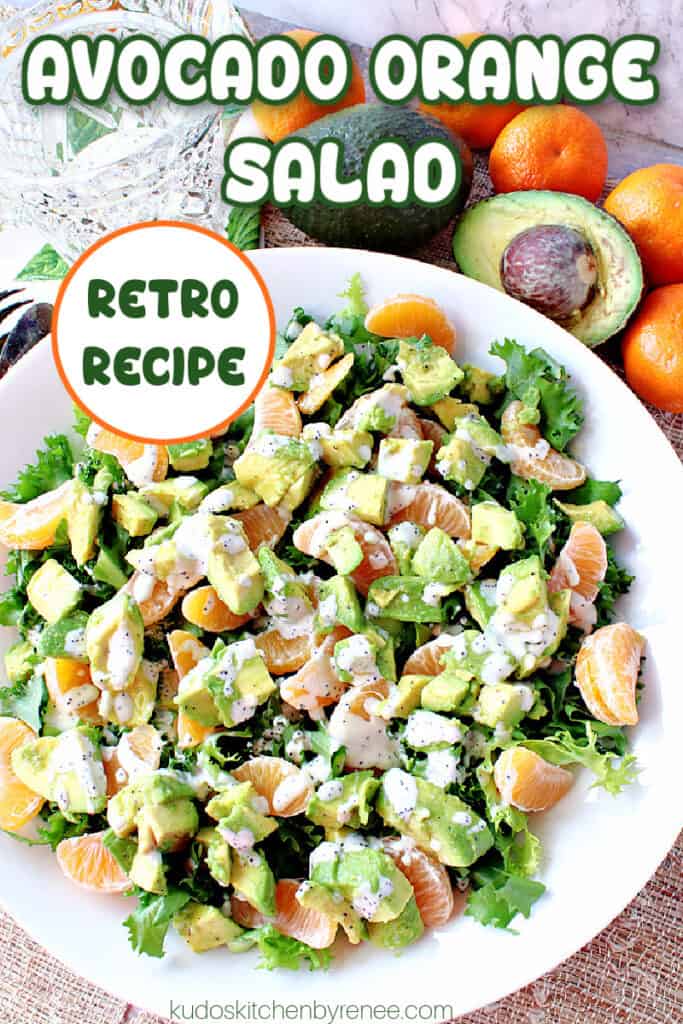 A vertical image of an Avocado Orange Salad in a white bowl with a title text overlay graphic in green, white, and orange.