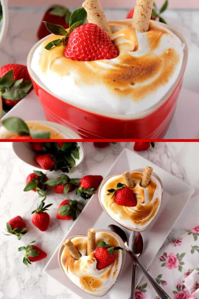 A vertical photo collage of individual Baked Alaska for Two in heart shaped dishes with fresh strawberries and dessert cookies as garnish.