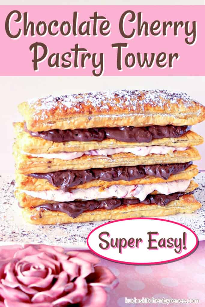 A vertical pink and brown photo of Chocolate Cherry Pastry Tower with a title text overlay graphic in pink and brown.