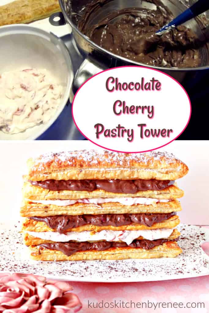 A vertical collage image of the making Chocolate Cherry Pastry Tower with the completed image on the bottom along with a title text overlay graphic.