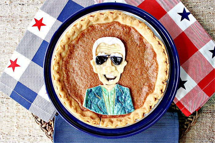 An direct overhead photo of a Joe Biden Vinegar Pie with red, white, and blue napkins with stars.