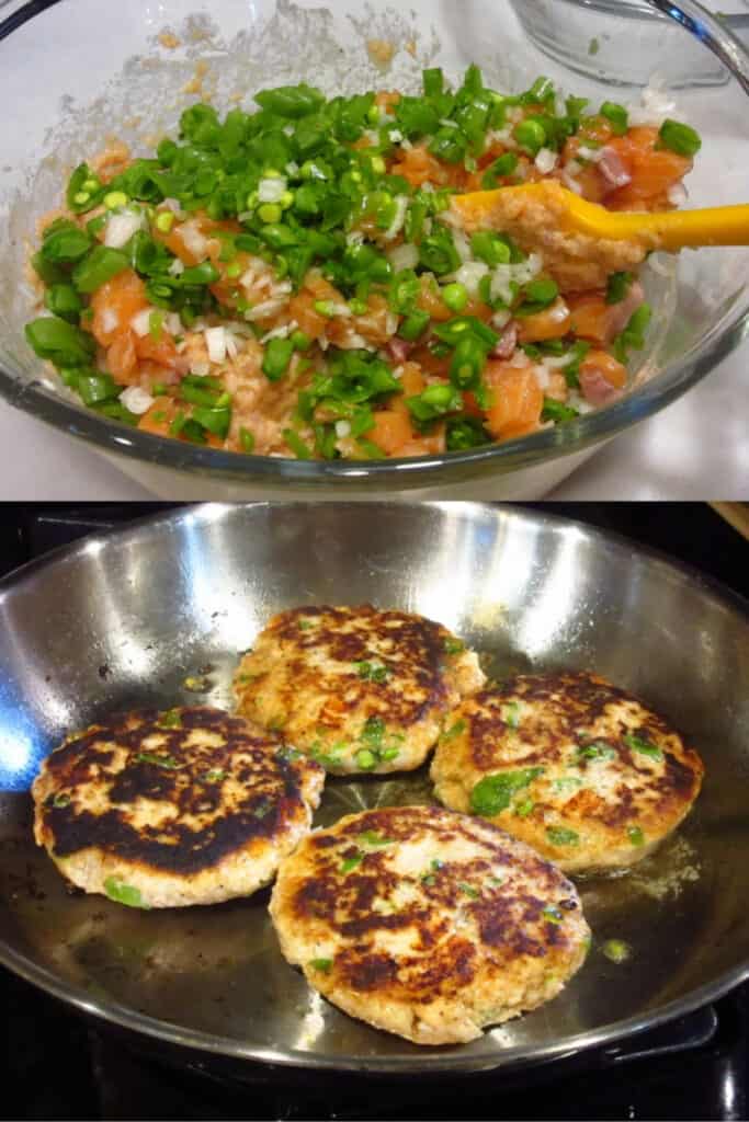 A vertical collage image of the making of Miso Salmon Burgers.