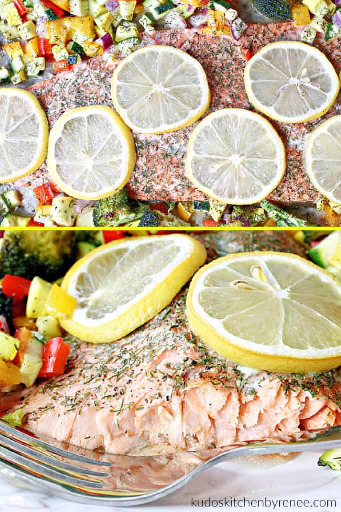 A vertical photo collage of Roasted Rainbow Trout with Rainbow Vegetables, one overhead, and one side view.