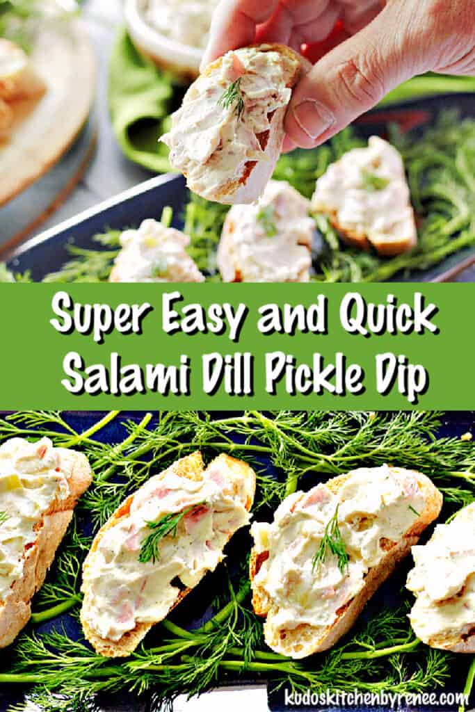 A photo collage of Salami Dill Pickle Dip in closeup photos with a title text overlay graphic in the center.