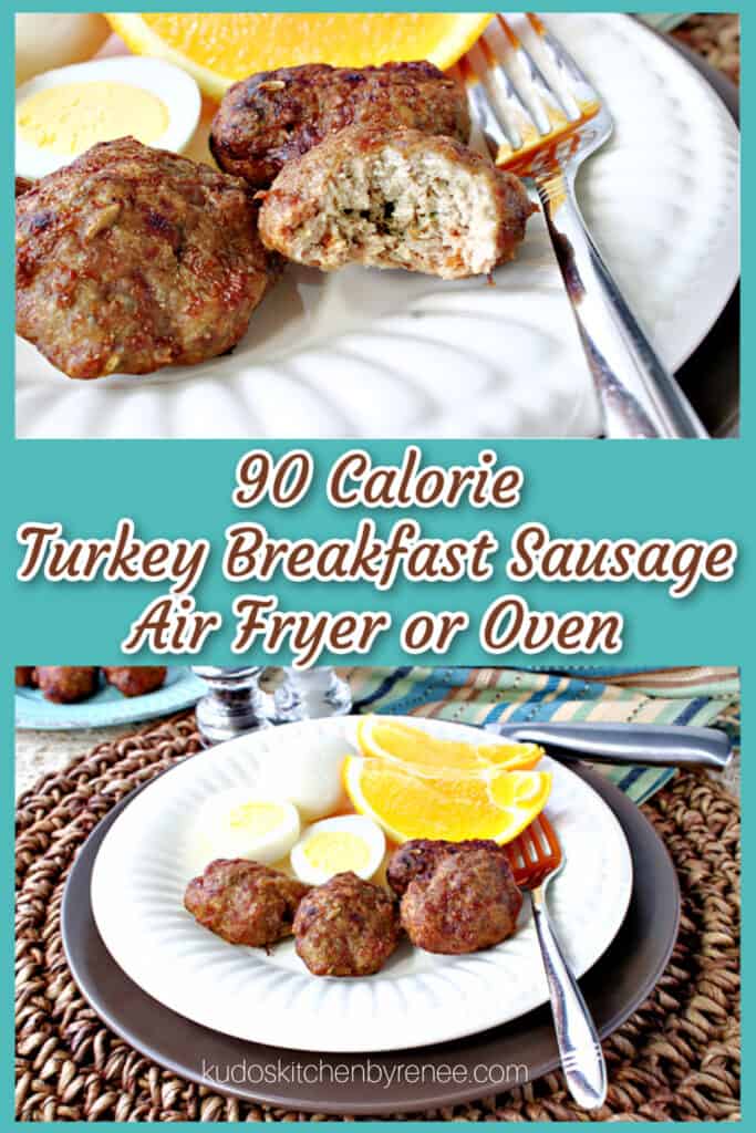 Vertical collage images of two plates of Turkey Breakfast Sausages on a white plate with a fork.