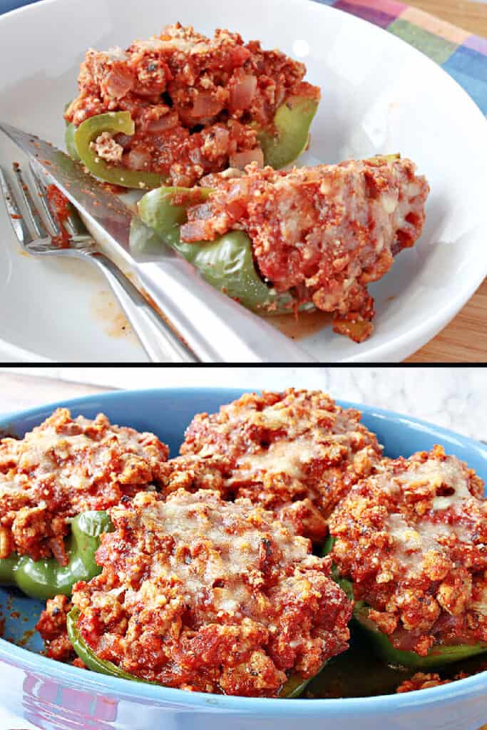 A vertical photo collage of Turkey Parmesan Stuffed Peppers one photo with a closeup pepper cut in half and the other with the peppers in a casserole dish.