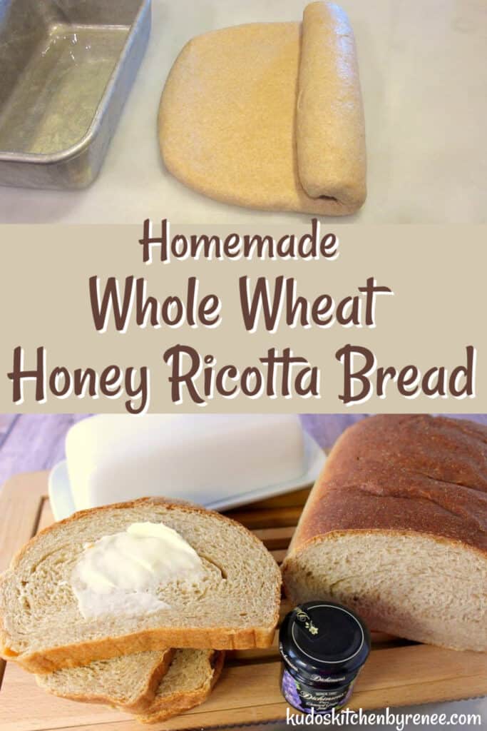 A vertical photo collage image for Whole Wheat Honey Ricotta Bread with a title text overlay graphic in brown and white.