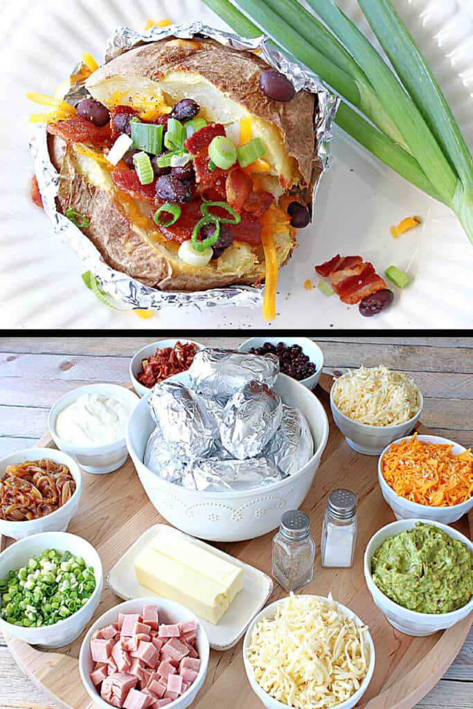 A vertical photo collage of a Baked Potato Party Board the top image being a closeup of a baked potato with toppings and the bottom photo being a round board with all the fixings.