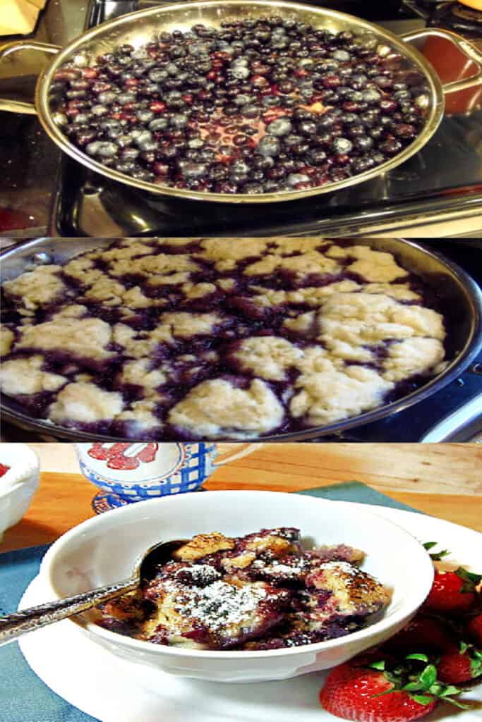 A triple photo collage of how to make Blueberry Grunt in a skillet on the stovetop.